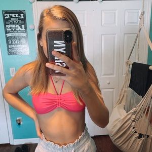 Bright pink halter bikini top